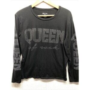 On Fire Womens Tee Shirt Size 2X Black Queen Of Rock Bling Long Sleeve